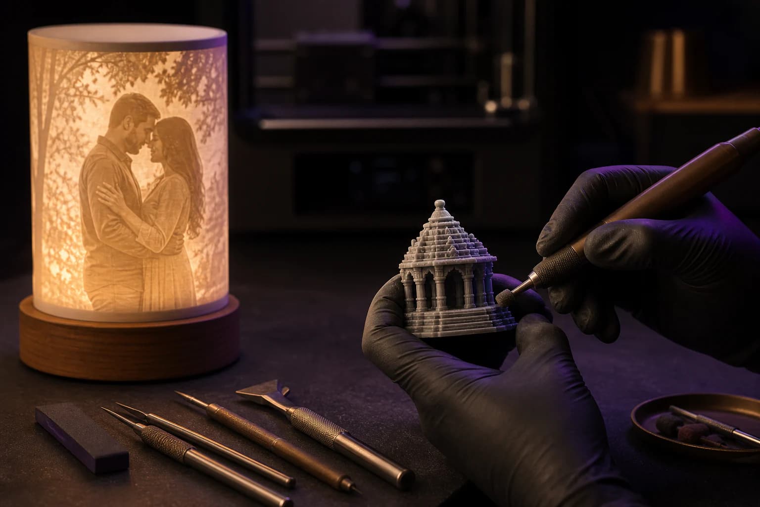Concept image illustrating careful miniature finishing beside a glowing lithophane